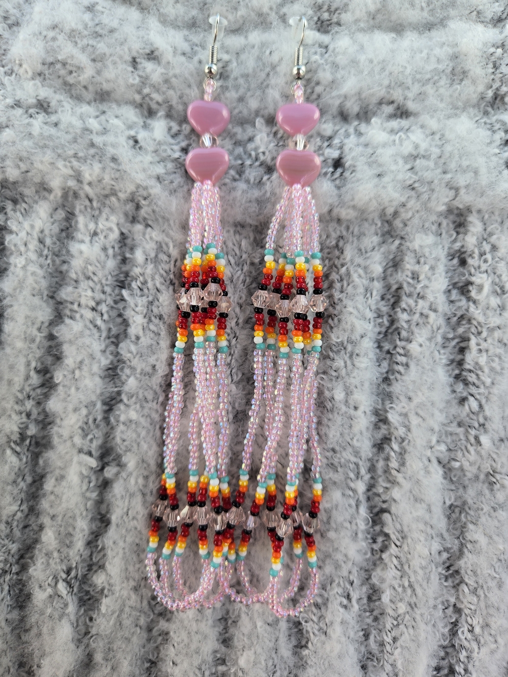 Pink Beaded Tassel Earrings with Heart Accents